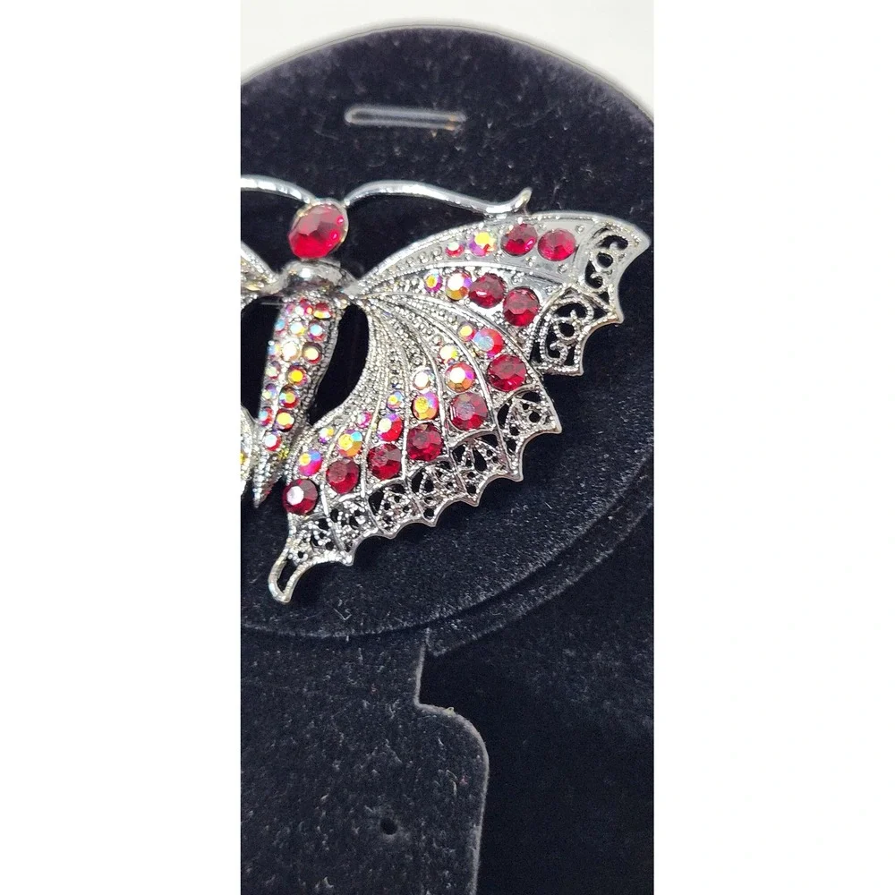 Butterfly Ruby Red Aurora Borealis Rhinestone Brooch‎ Silvertone Statement 3